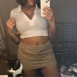Khaki hand sewn mini skirt made from thrifted dress pants